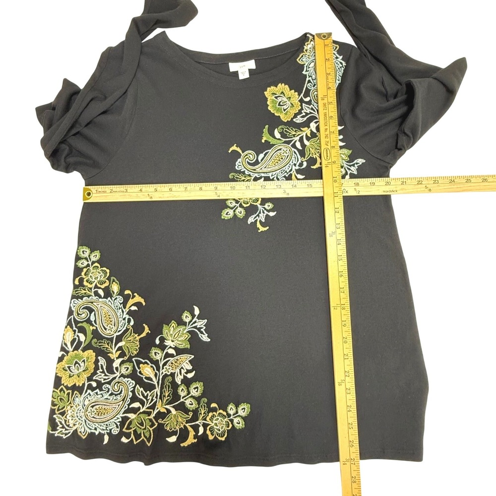 J. Jill Top M Black Embroidered Paisley Floral Cotton Tencel Long Sleeve Tee - Picture 6 of 7